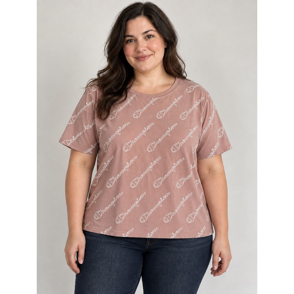 Champion Womens 2XL Pink All Over Script Logo Keyhole Back T-Shirt W4547P
